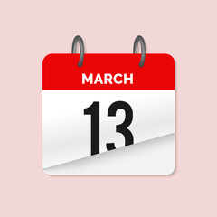 13th March daily calendar icon template. March 13 day calendar design. Single day calendar in vector illustration flat style.