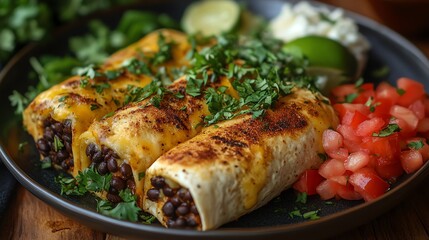 Delicious and savory burritos topped with fresh herbs, served with lime, guacamole, and diced tomatoes on a rustic plate, perfect for a flavorful meal or culinary delight.