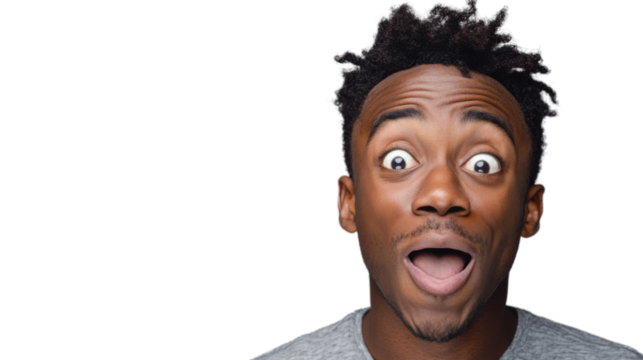 Surprised young man opening his mouth on transparent background