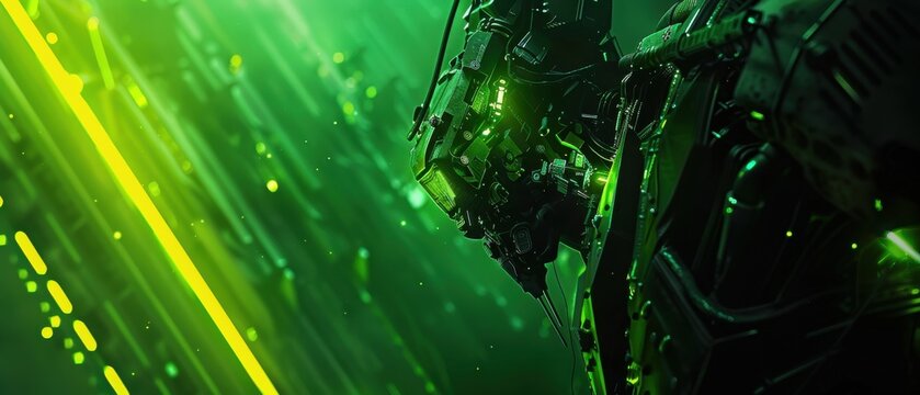Edgy futuristic mech in deep green and black, neon yellow streaks highlight its dystopian theme, detailed and intense.