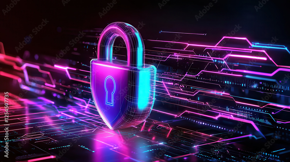 Aufkleber digital lock symbolizing cyber protection with vibrant neon colors and abstract lines, representing 
