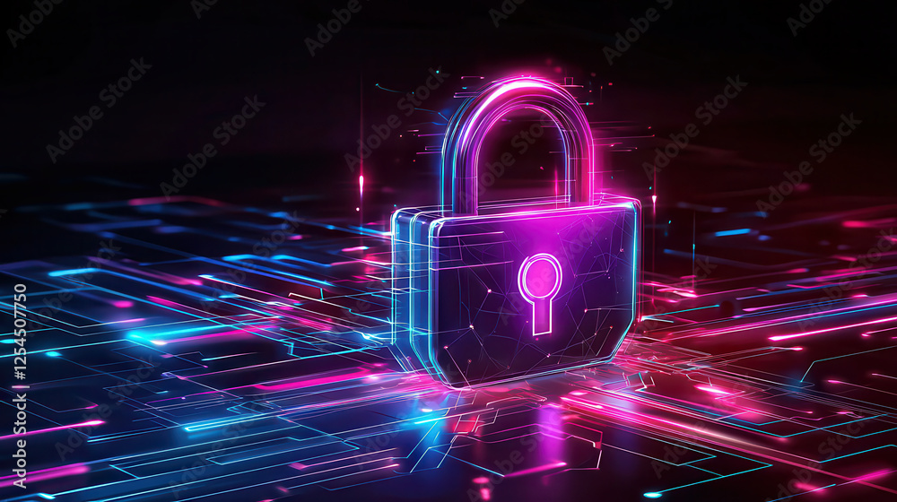 Aufkleber vibrant digital lock symbolizes cyber protection, showcasing secure design with neon colors and futu