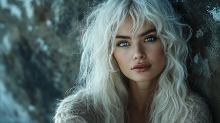 Fototapeta premium Mysterious woman with long white hair against rocky background.