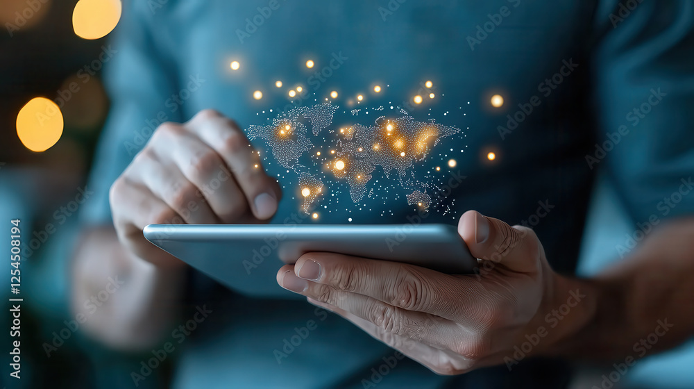 Fototapete Digital concept of businessman using tablet with glowing world map. image captures essence of technology and global connectivity, showcasing innovation and modern communication
