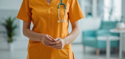 Medical professional in orange scrubs with a stethoscope in a bright setting.
