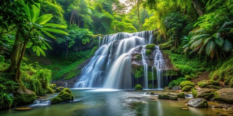 Obraz premium Waterfall cascade in dense foliage, forest floor, crystal clear, forest floor, crystal clear, tree branches