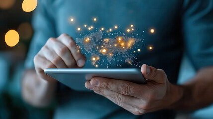Digital concept of businessman using tablet with glowing world map. image captures essence of technology and global connectivity, showcasing innovation and modern communication