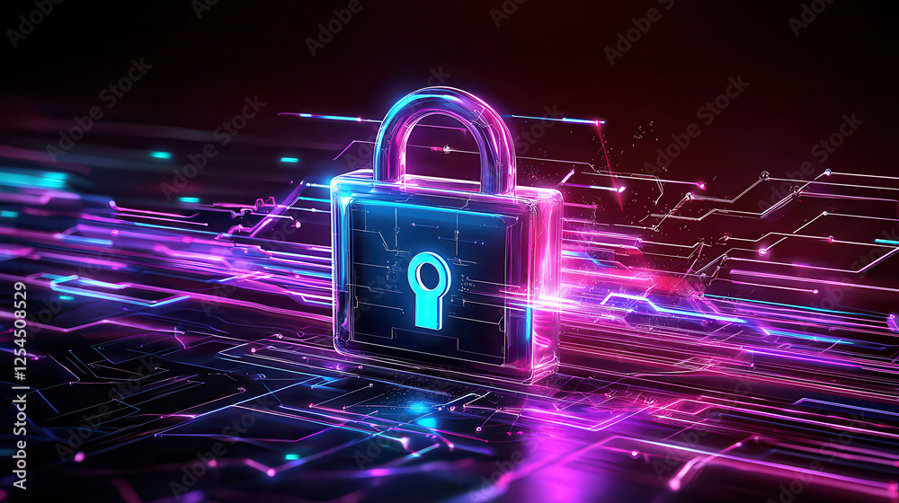 Poster digital illustration of glowing padlock symbolizing internet network security, surrounded by vibrant