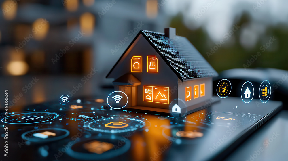 Poster smart home concept with illuminated icons and miniature house model