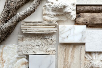 Beige Natural Stone Samples Arranged on White Surface