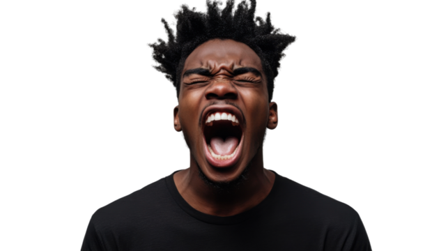 Young man shouting with transparent background: stress and anger management