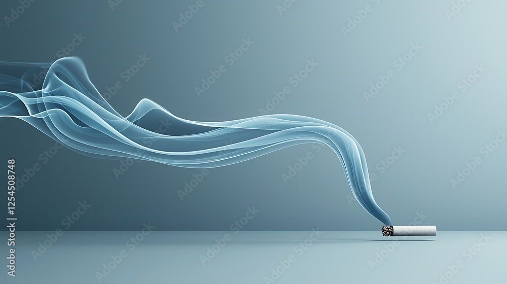 Poster Ethereal tendrils of smoke drift gracefully from cigarette, creating serene atmosphere. soft blue tones enhance calming effect of image