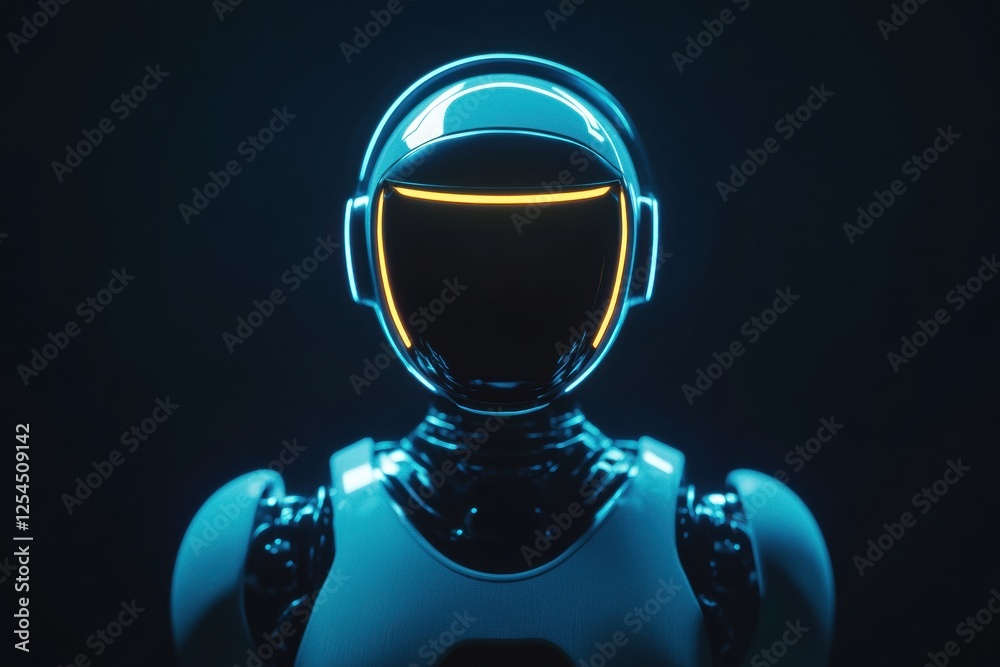 Poster Minimalist glowing humanoid robot stands in a dark space, showcasing futuristic design and vibrant light accents. Generative AI