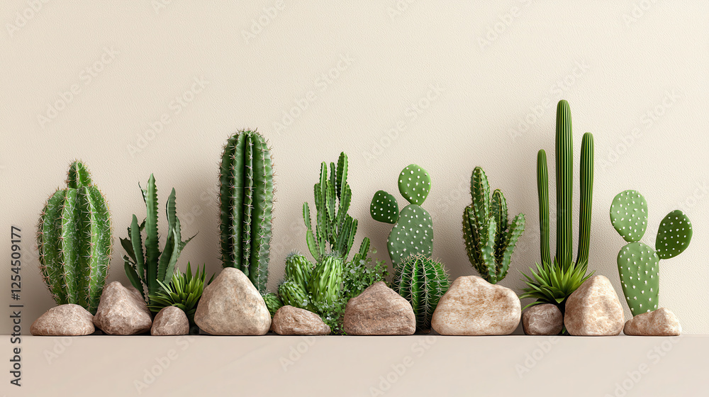 Poster realistic cacti cluster with various shapes and sizes, surrounded by stones, creating natural desert
