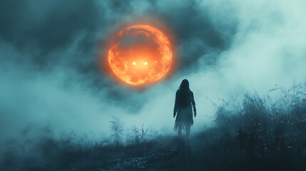 Fototapeta premium A shadowy figure with glowing red eyes emerging from the fog under a spooky pumpkin moon