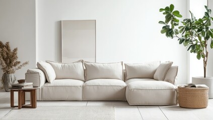 Beige sectional sofa in minimalist living room