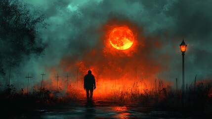 Fototapeta premium A shadowy figure with glowing red eyes emerging from the fog under a spooky pumpkin moon
