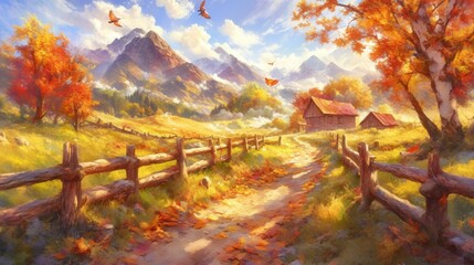 Autumnal Mountain Farm Scene