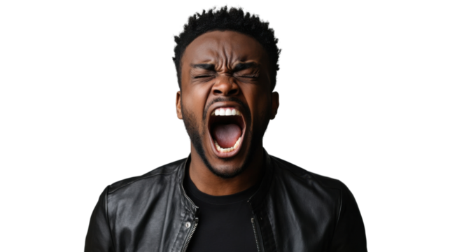 Young man wearing black leather jacket screaming with closed eyes and transparent background
