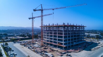 Fototapeta premium Aerial View of a Construction Site with Cranes and Unfinished Building Under Blue Sky