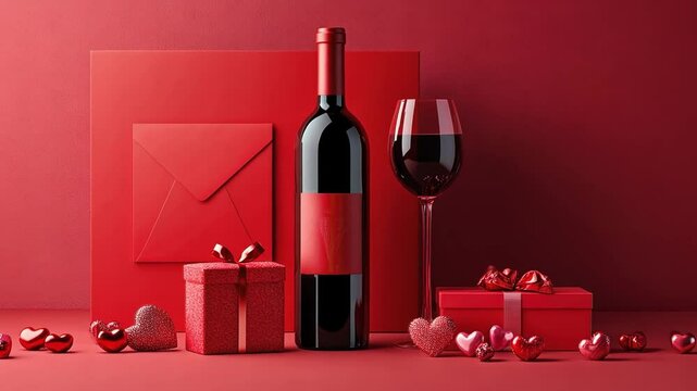Romantic Red Wine Gift Set: A bottle of red wine, a filled wine glass, and red gift boxes with hearts create a romantic setting, perfect for Valentine's Day or a special anniversary.  