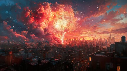 Cityscape Fireworks Display at Sunset Over Urban Skyline