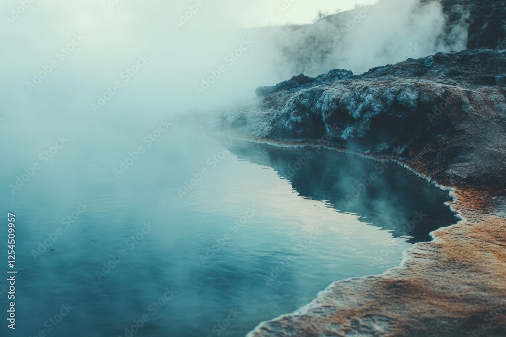 Aufkleber steamy tranquility in a serene hot spring surrounded by rocky edges at dawn. generative ai