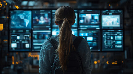 A woman gazes at a social media interface, with blurred, empty background, representing the chaos of digital interaction and the void of connection in a modern, fast-paced world