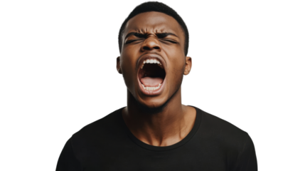 Young man shouting with transparent background, expressing fury and frustration