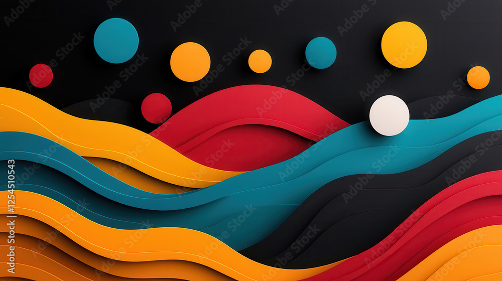 Aufkleber Bold abstract design featuring sharp edged waves and colorful circles, creating vibrant contrast against dark background. This artwork evokes sense of movement and energy