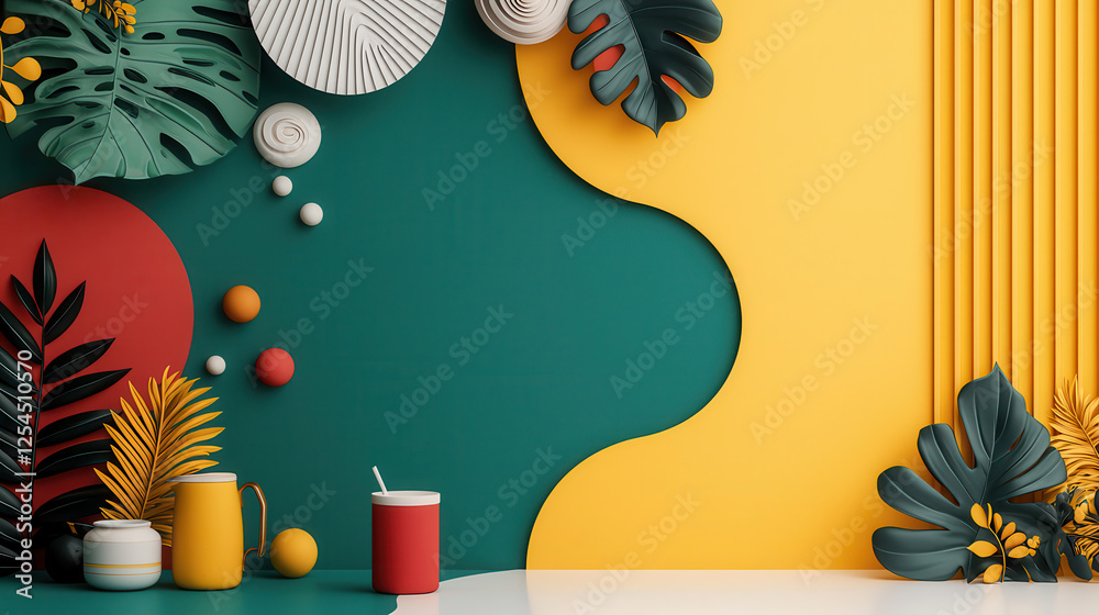 Poster bold abstract design featuring vibrant colors and tropical leaves, creating lively and modern atmosp