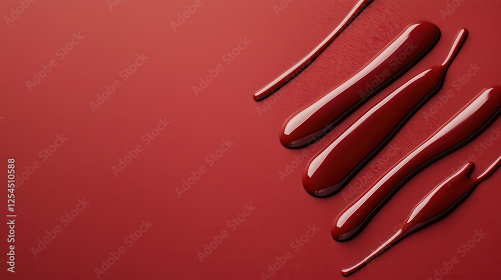 Poster rich and glossy red paint drips on smooth surface, creating artistic display. vibrant color and flui