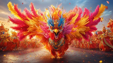 Carnival rooster costume, vibrant parade, sunset, celebration