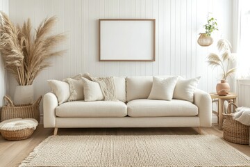 Beige sofa, pampas grass, mockup frame, coastal living room, interior design