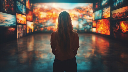 A woman gazes at a social media interface, with blurred, empty background, representing the chaos of digital interaction and the void of connection in a modern, fast-paced world
