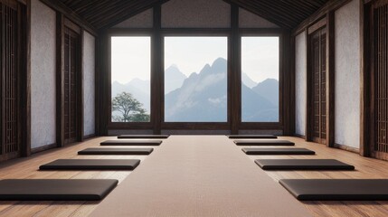 Serene Meditation Space with Mountain View and Natural Light