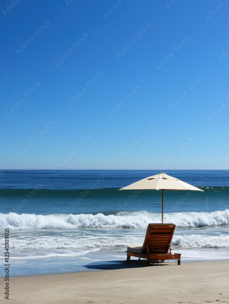 Aufkleber calm beach view with lounge chair and umbrella under clear blue sky and gentle ocean waves. generati