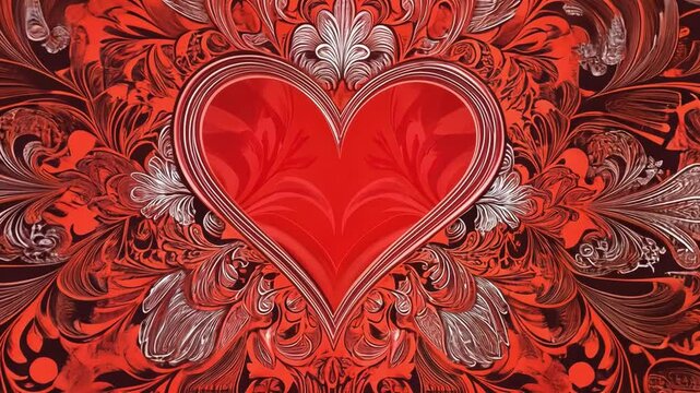 Crimson Heart in Baroque Frame: A vibrant red heart takes center stage, elegantly framed by intricate silver baroque floral designs, creating a rich and romantic visual masterpiece. 