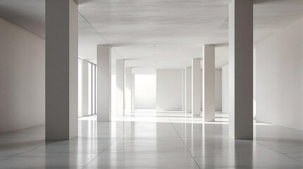 Empty, modern hallway with white walls and pillars, and a highly polished floor reflecting natural light. Conveys a sense of spaciousness, minimalist design, and architectural elegance.

