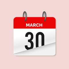 30th March daily calendar icon template. March 30 day calendar design. Single day calendar in vector illustration flat style.