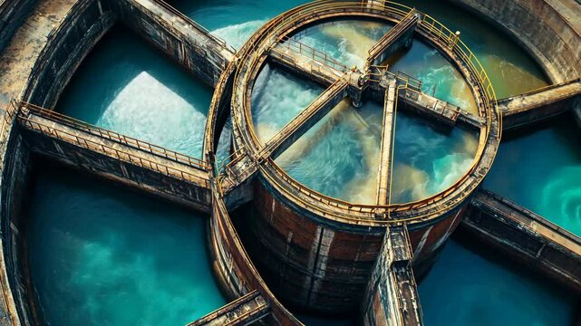 Water treatment facility showcasing a circular sedimentation tank and filtration system with turquoise water