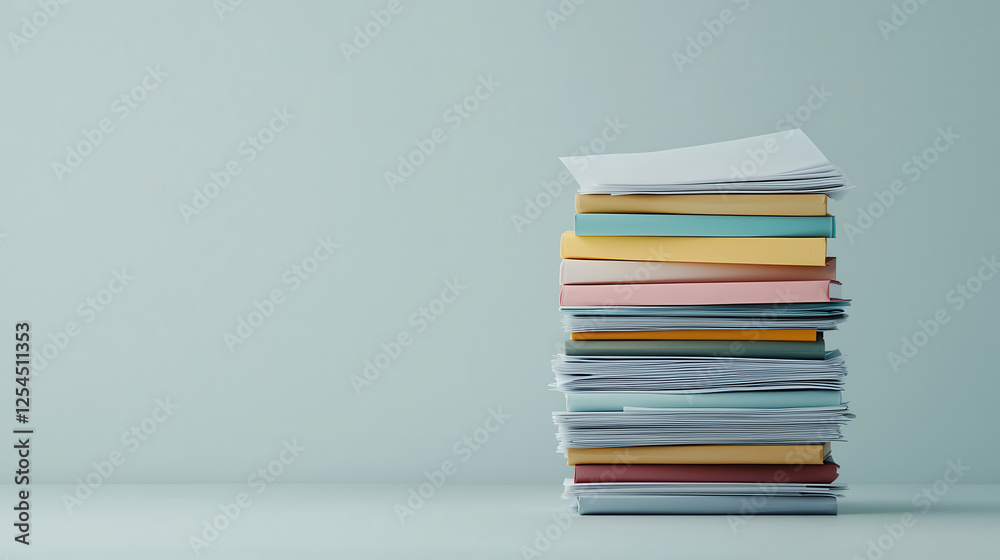Poster stacks of colorful documents and papers on light background, showcasing organization and office supp
