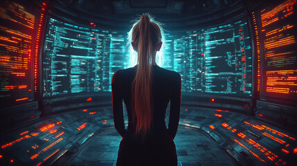 A woman gazes at a social media interface, with blurred, empty background, representing the chaos of digital interaction and the void of connection in a modern, fast-paced world