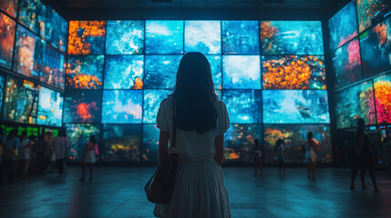 A woman gazes at a social media interface, with blurred, empty background, representing the chaos of digital interaction and the void of connection in a modern, fast-paced world