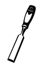 Black and white silhouette of a chisel tool with a sharp beveled edge and ergonomic handle