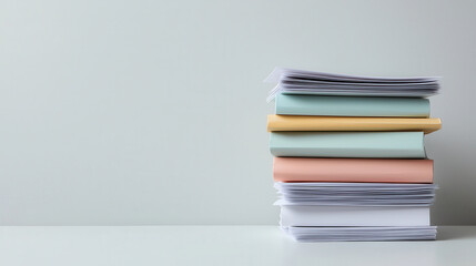 Fototapeta premium Stacks of colorful documents on clean surface, showcasing organization and productivity. arrangement highlights various pastel colors, creating calm and inviting workspace
