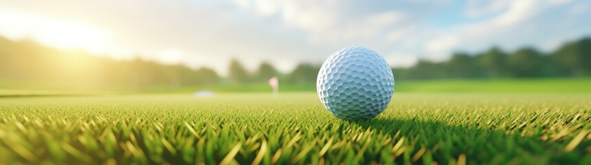 Obraz premium Closeup a white golf ball on green golf course with sunlight. AI generated image
