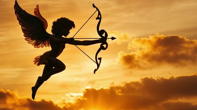 Cupid's Arrow at Sunset: A silhouette of Cupid, the Roman god of love, takes aim with his bow and arrow against a breathtaking sunset backdrop.