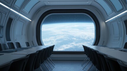 Modern Conference Room with a View of Earth from Space