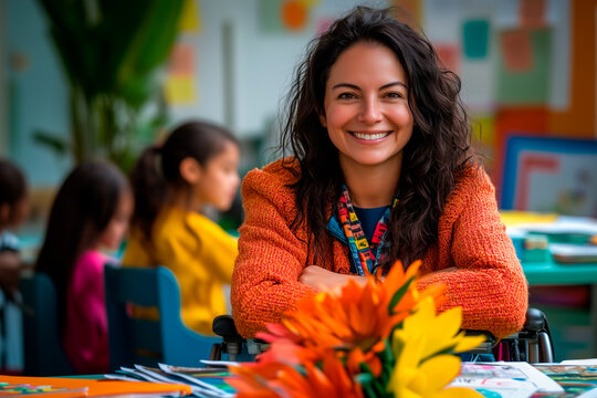 Smiling teacher in wheelchair celebrating Teacher's Day with flowers in classroom